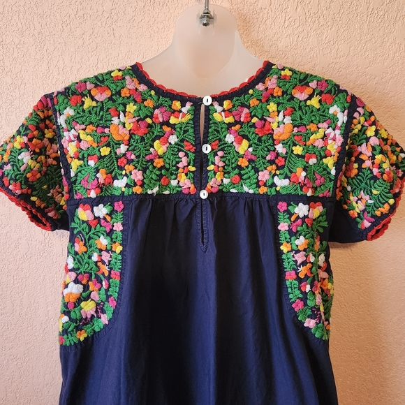 Sister Mary Navy Colorful Floral Short Sleeve Midi Embroidered Mexican Dress - Picture 6 of 11